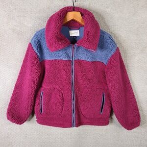 Universal Thread Jacket Womens S Pink Blue Fuzzy Fleece Color Block Teddy Zip Up